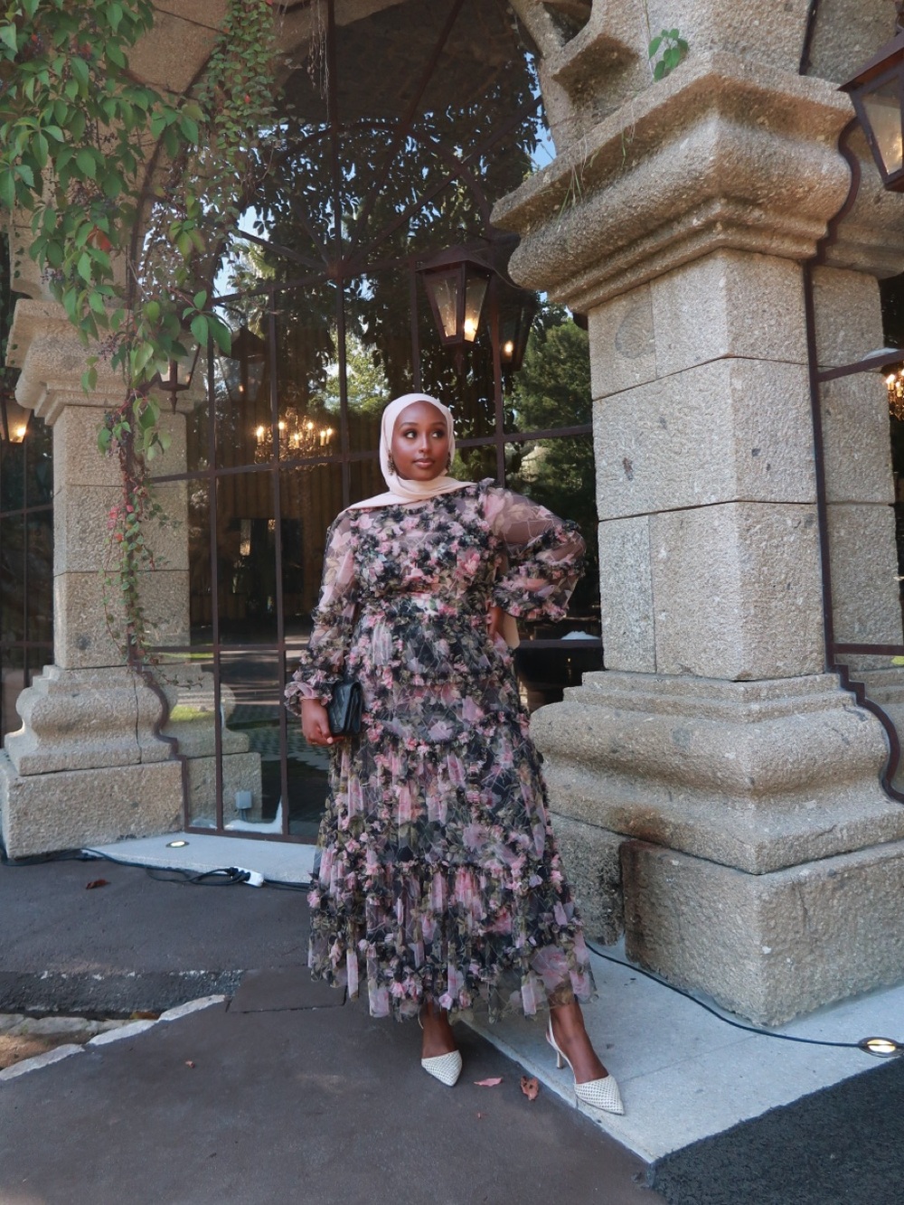 Needle & Thread Black Mesh Long-Sleeve Floral Tiered Maxi Dress